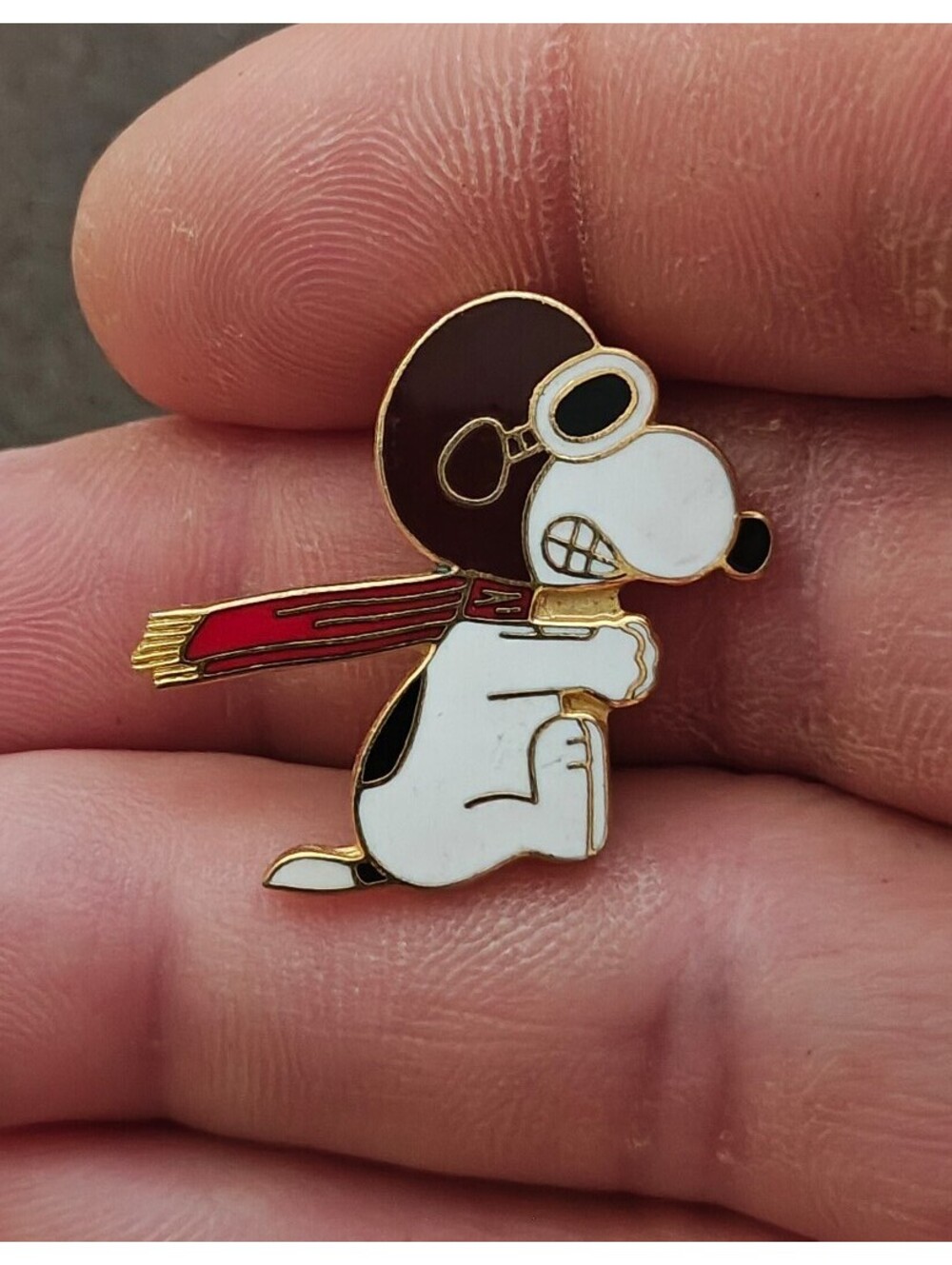 1970s Peanuts Snoopy "WWI Flying Ace" Gold Tone Enamel Pin.